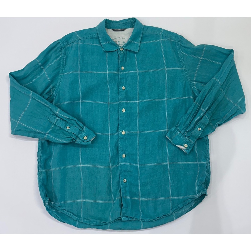 Tommy Bahama Relax Mens L Teal Green Windowpane Check 100% Linen Button Shirt